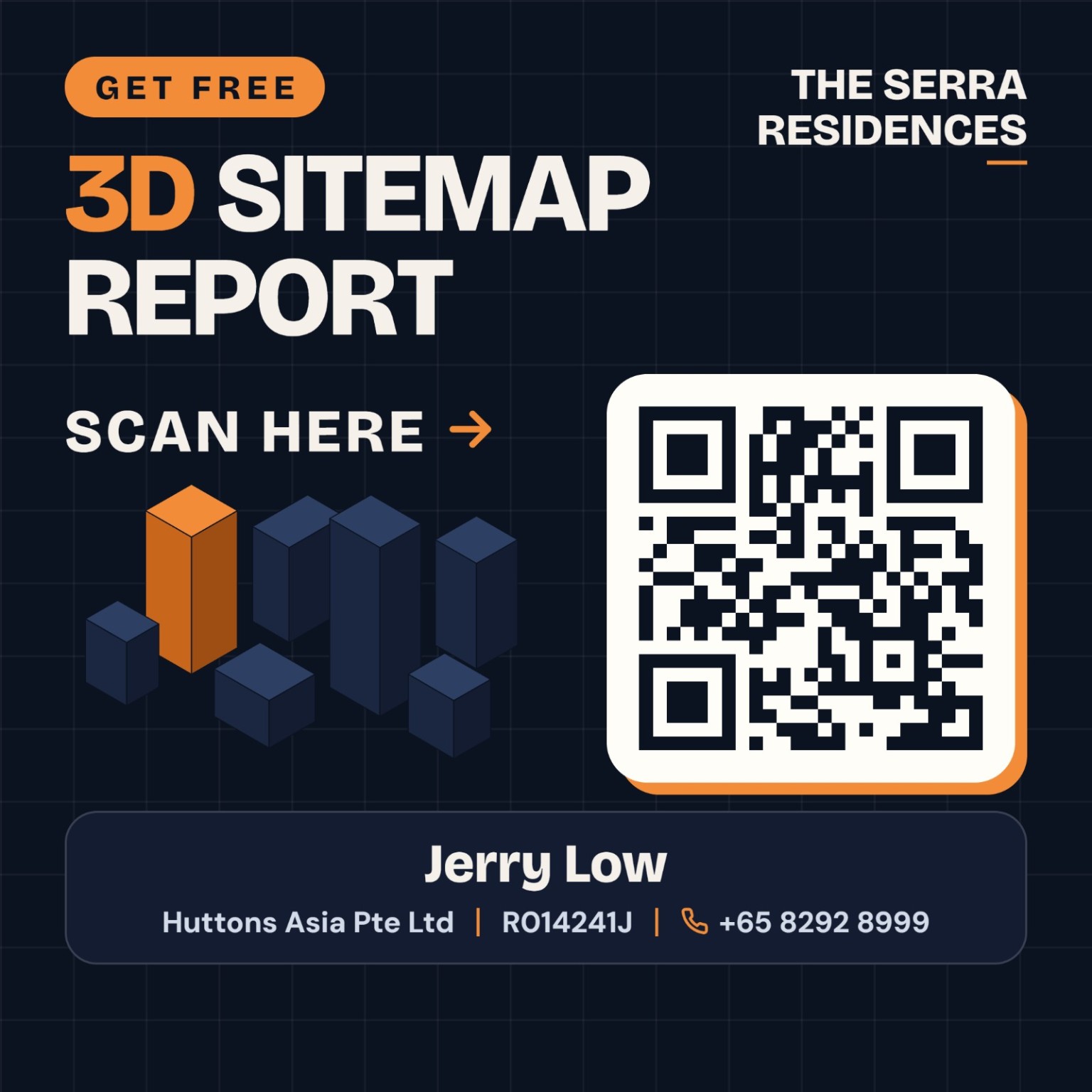 The Serra Residences 免费3D总平面图报告海报，附二维码及 Jerry Low 联系方式